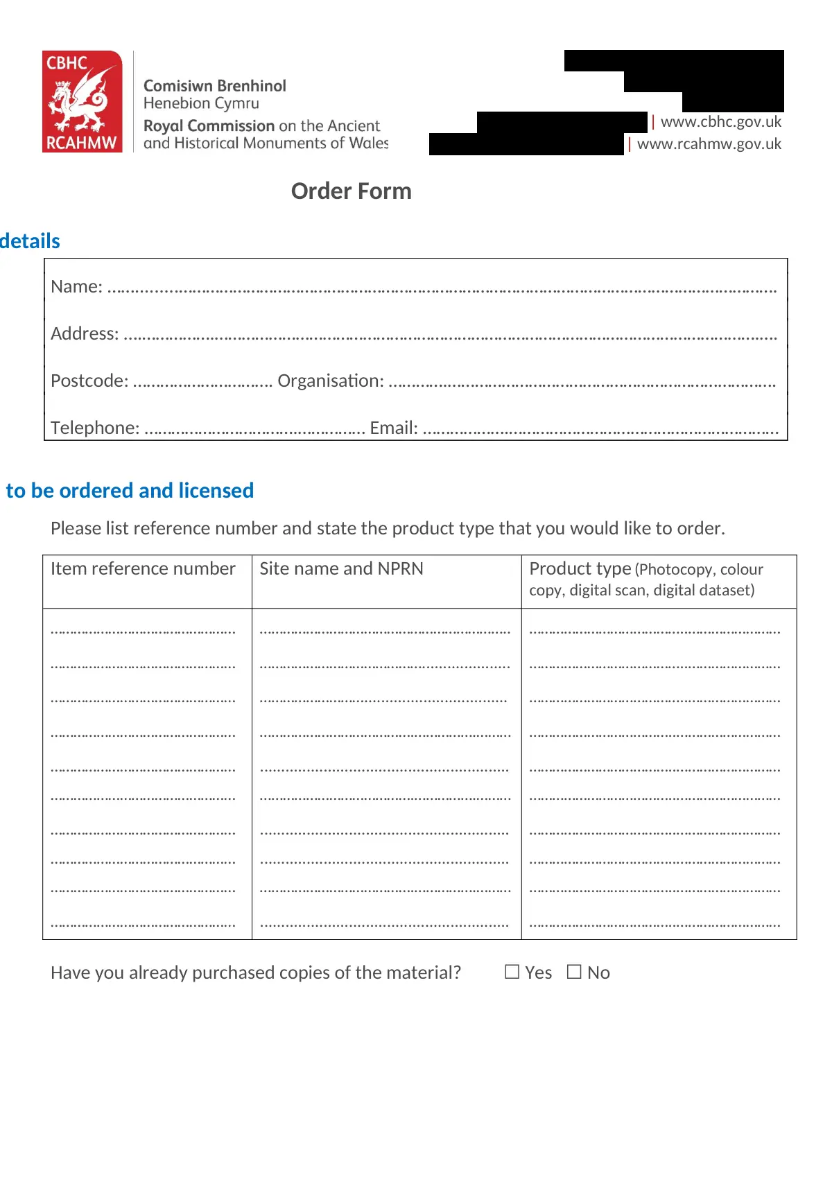 GHF-E106-R40-A3: first page of RC26-0205 order form 2021, personal details blacked out
