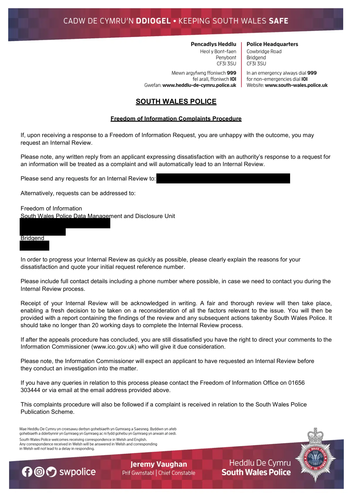 GHF-E106-R62-A2: first page of South Wales Police FOI complaints procedure (with 1189/26), personal details blacked out