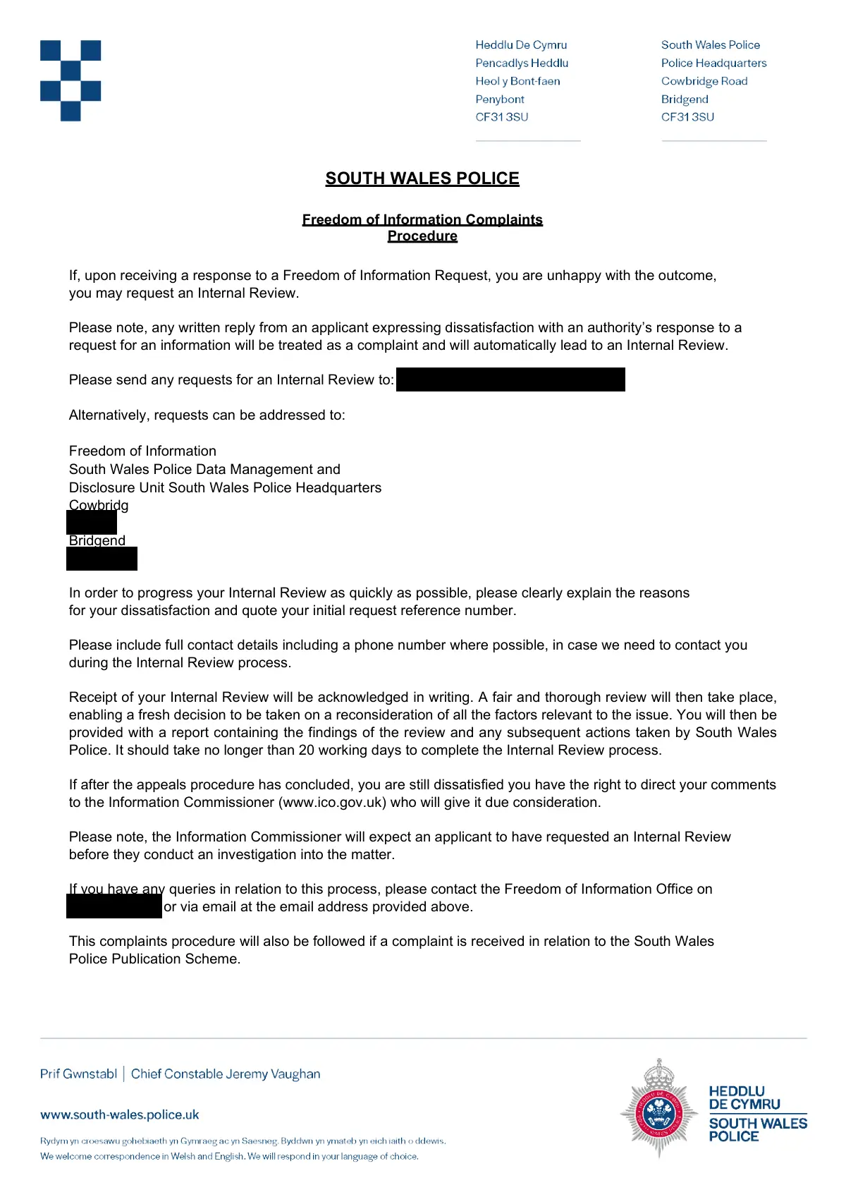 GHF-E106-R60-A2: first page of South Wales Police FOI complaints procedure (with 1188/26), personal details blacked out
