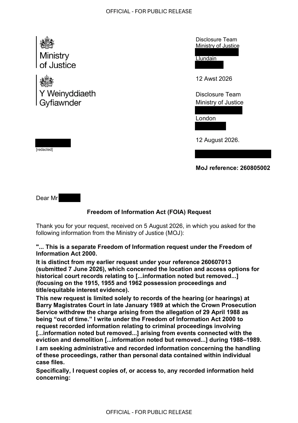 GHF-E106-R105-A1: first page of Requester the owner - 260805002 - FOIA - response.pdf, personal details blacked out