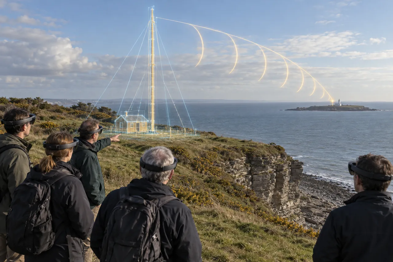 Mae mast 1897 yn codi o ben y clogwyn a’r signalau’n bwa dros y dŵr i Ynys Echni.