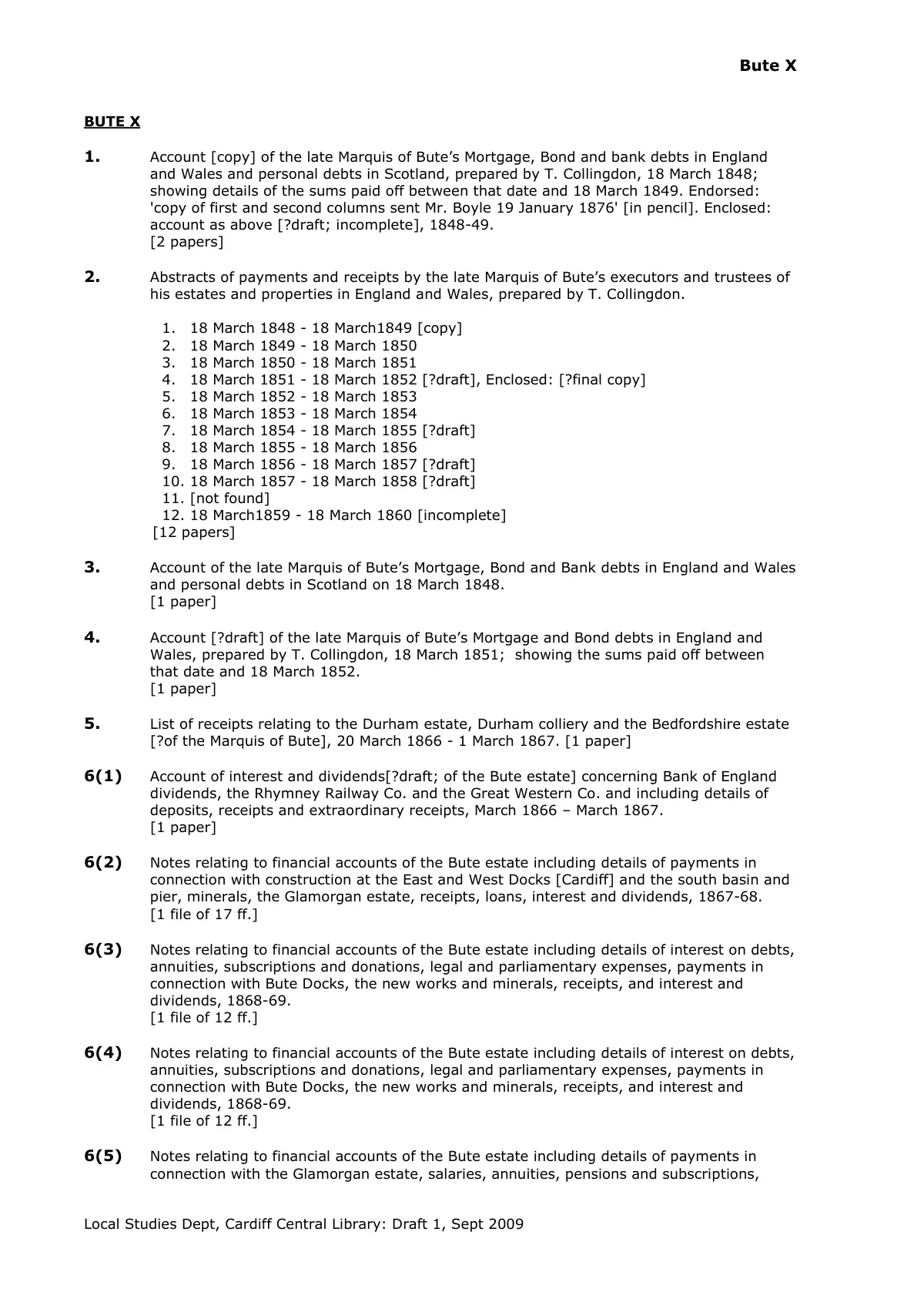 GHF-CCL-20261023-A2: first page of Bute X: property accounts, Manuscript Collection, Central Library, Cardiff: finding aid supplied with the reply on Bute X.6(12), personal details blacked out
