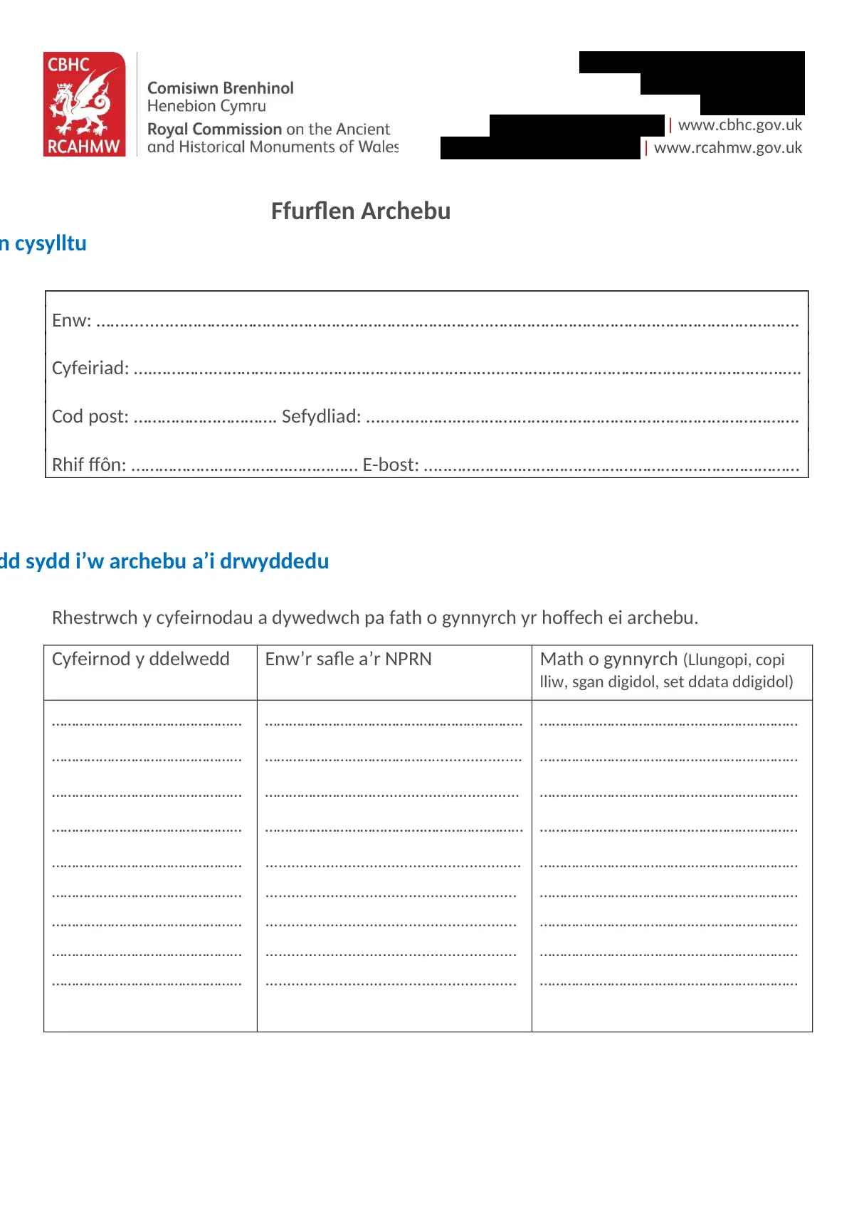 GHF-E106-R01-A1: first page of RC26-0375 order form (Welsh), personal details blacked out
