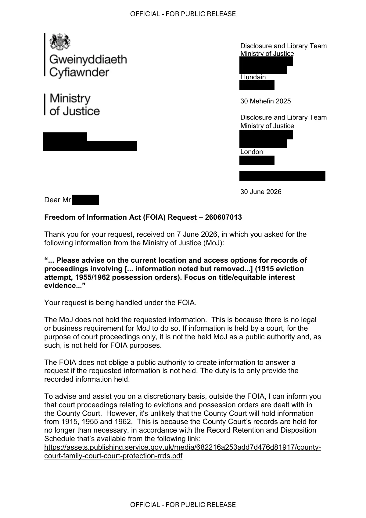 GHF-E106-R100-A1: first page of Requester - 260607013 - FOI - response.pdf, personal details blacked out