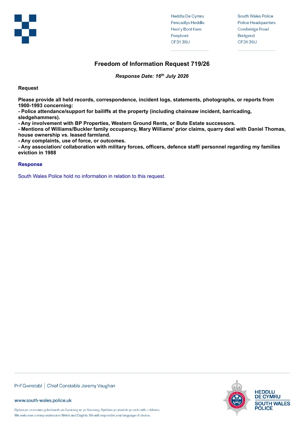 GHF-E106-R102-A1: first page of Response 719_26.pdf, personal details blacked out