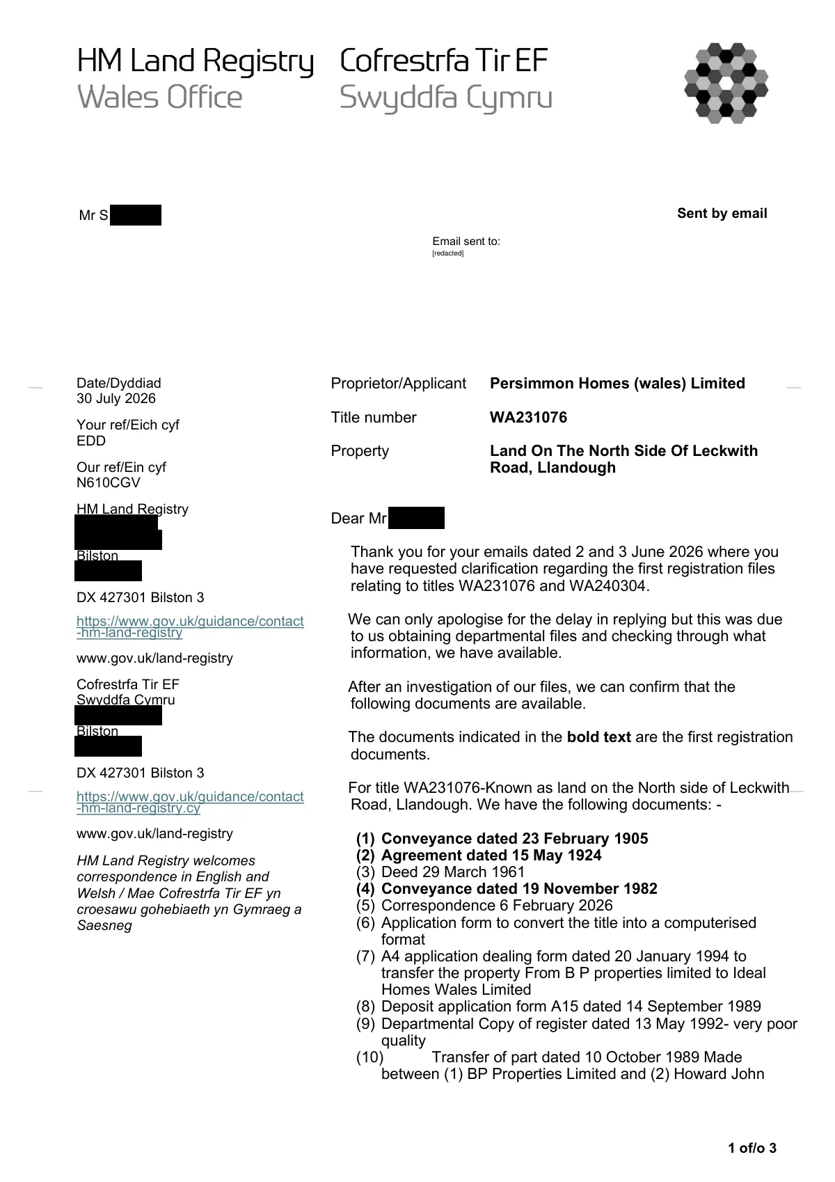 GHF-E106-R104-A1: first page of Schedule of first-registration documents WA231076 / WA240304, personal details blacked out