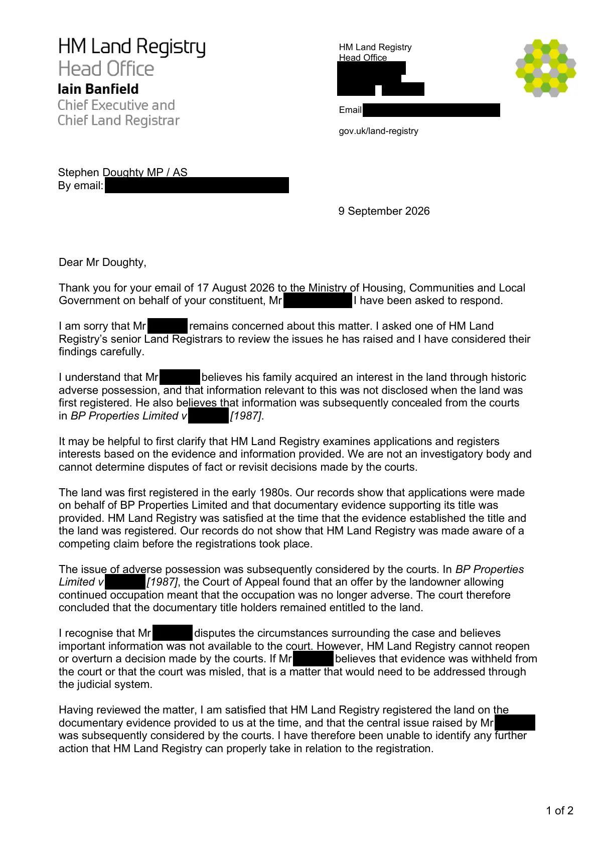 GHF-E106-R108-A1: first page of 260900 - Letter to Stephen Doughty MP.pdf, personal details blacked out