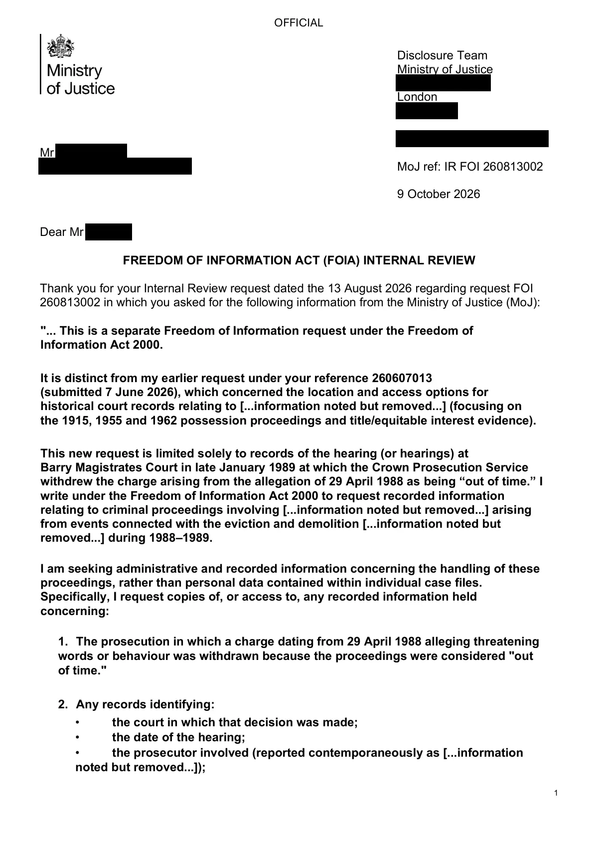 GHF-E106-R111-A1: first page of IR FOI 260813002 Requester Response.pdf, personal details blacked out