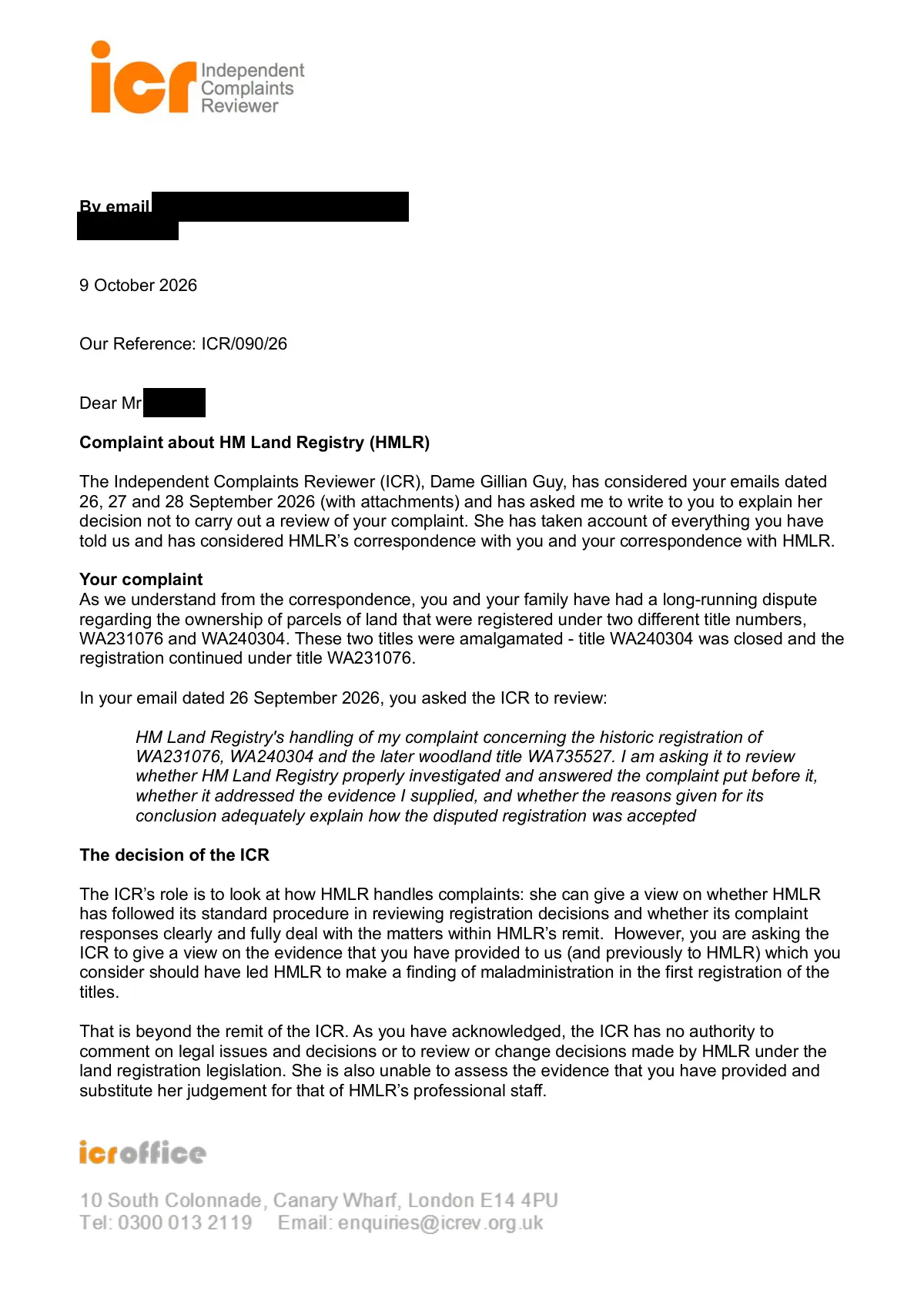 GHF-E106-R112-A1: first page of ICR09026-Blank letter R7-01102026.pdf, personal details blacked out