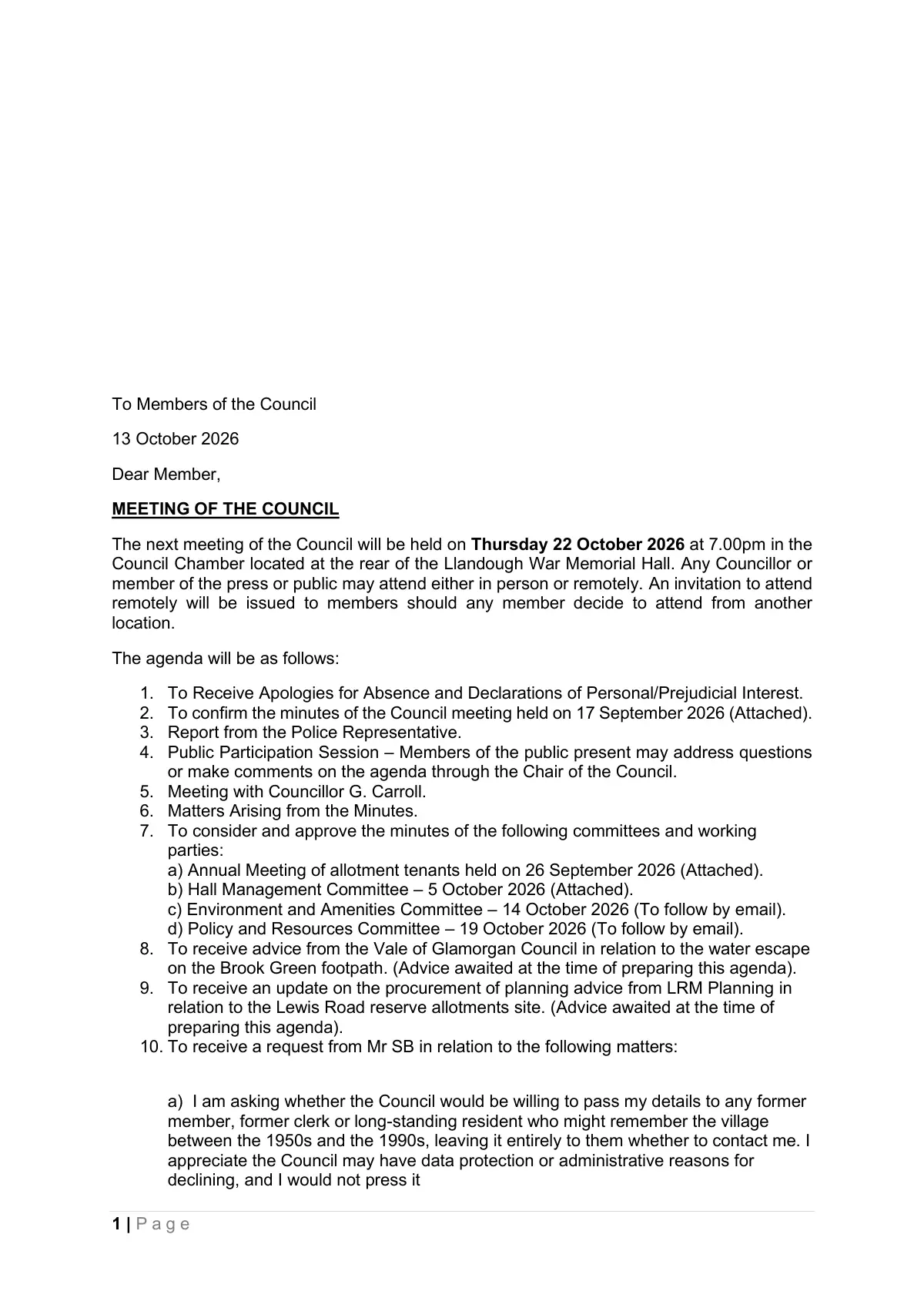 GHF-E106-R115-A1: first page of 2026-10-13_llandough-community-council_agenda-22-october-2026.pdf, personal details blacked out