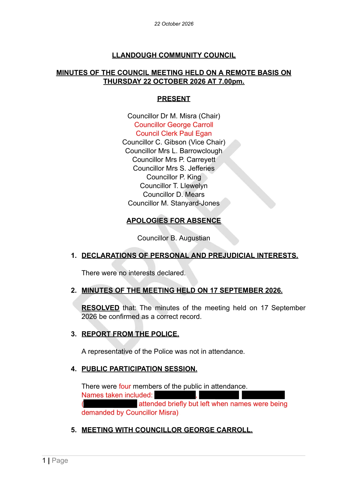 GHF-E106-R116-A1: first page of the draft minutes, names of members of the public blacked out