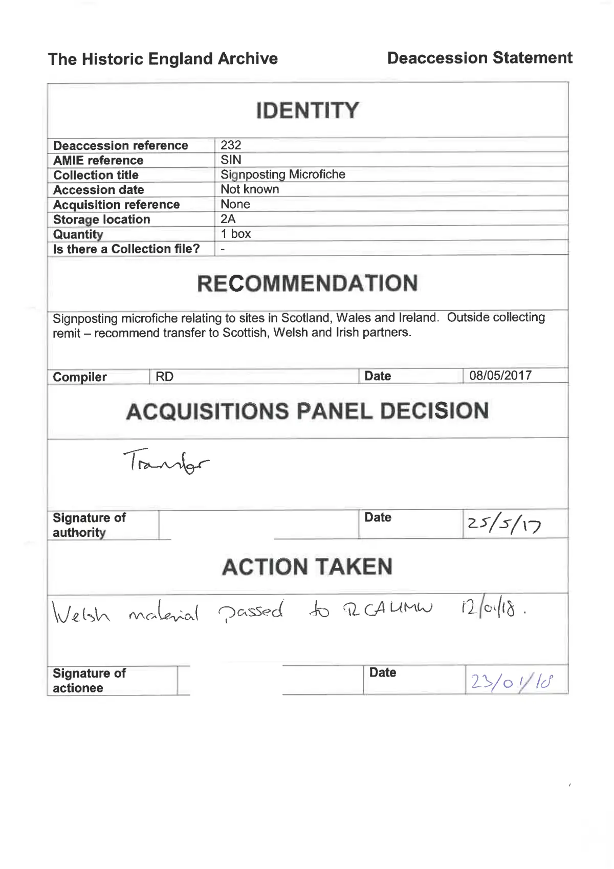 GHF-E106-R117-A1: first page of Historic England deaccession statement: Signposting Microfiche (2017), personal details blacked out