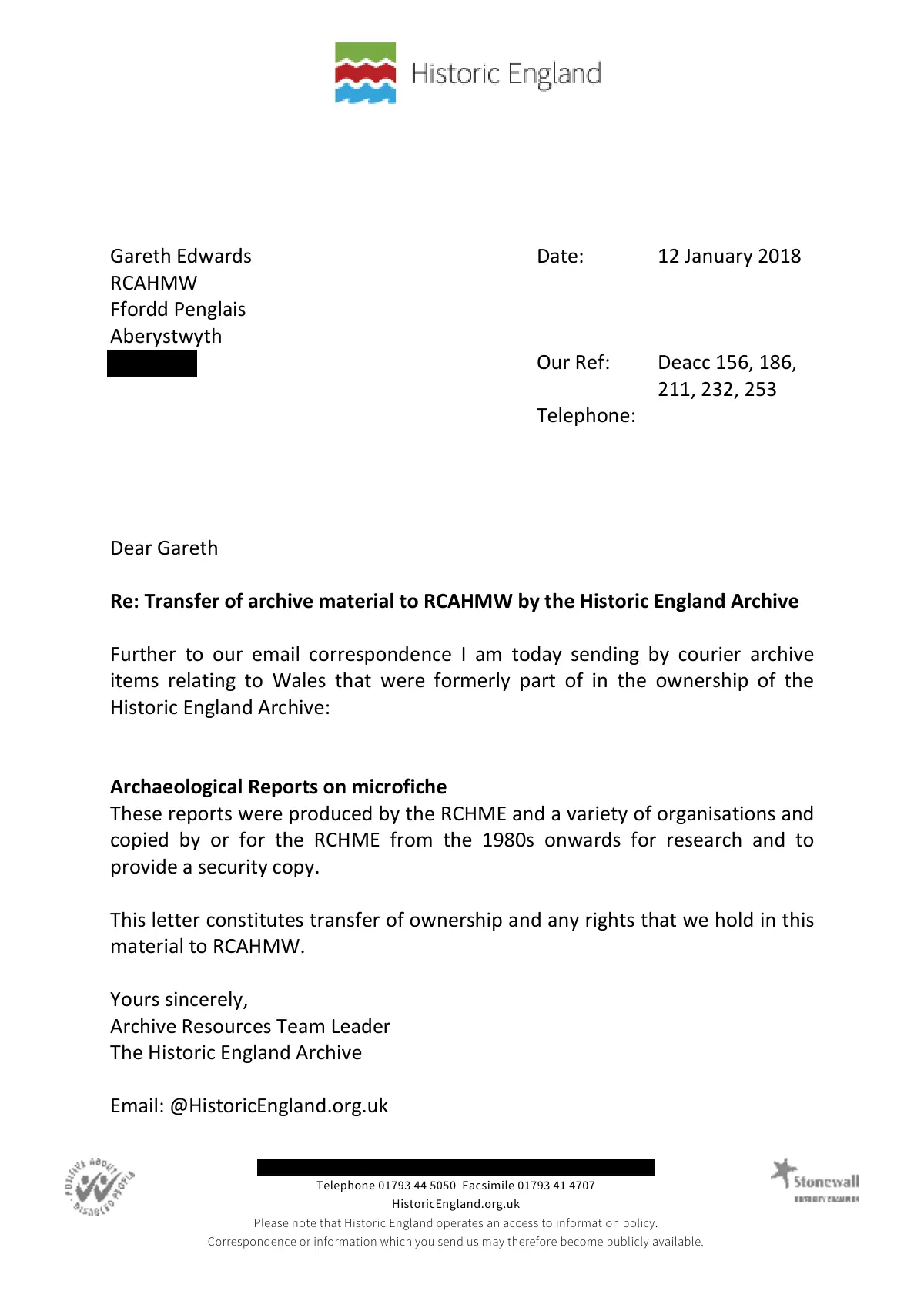 GHF-E106-R117-A2: first page of Historic England letter transferring Welsh microfiche reports to RCAHMW, 12 January 2018, personal details blacked out