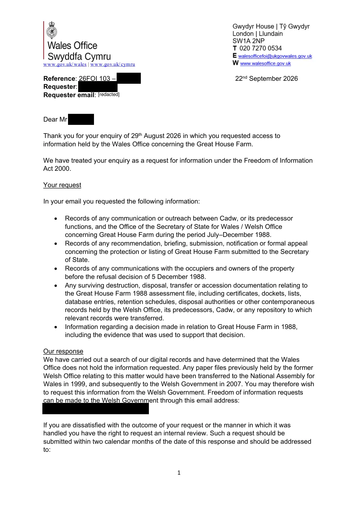 GHF-E106-R16-A1: first page of Wales Office 26FOI 103: not held, personal details blacked out