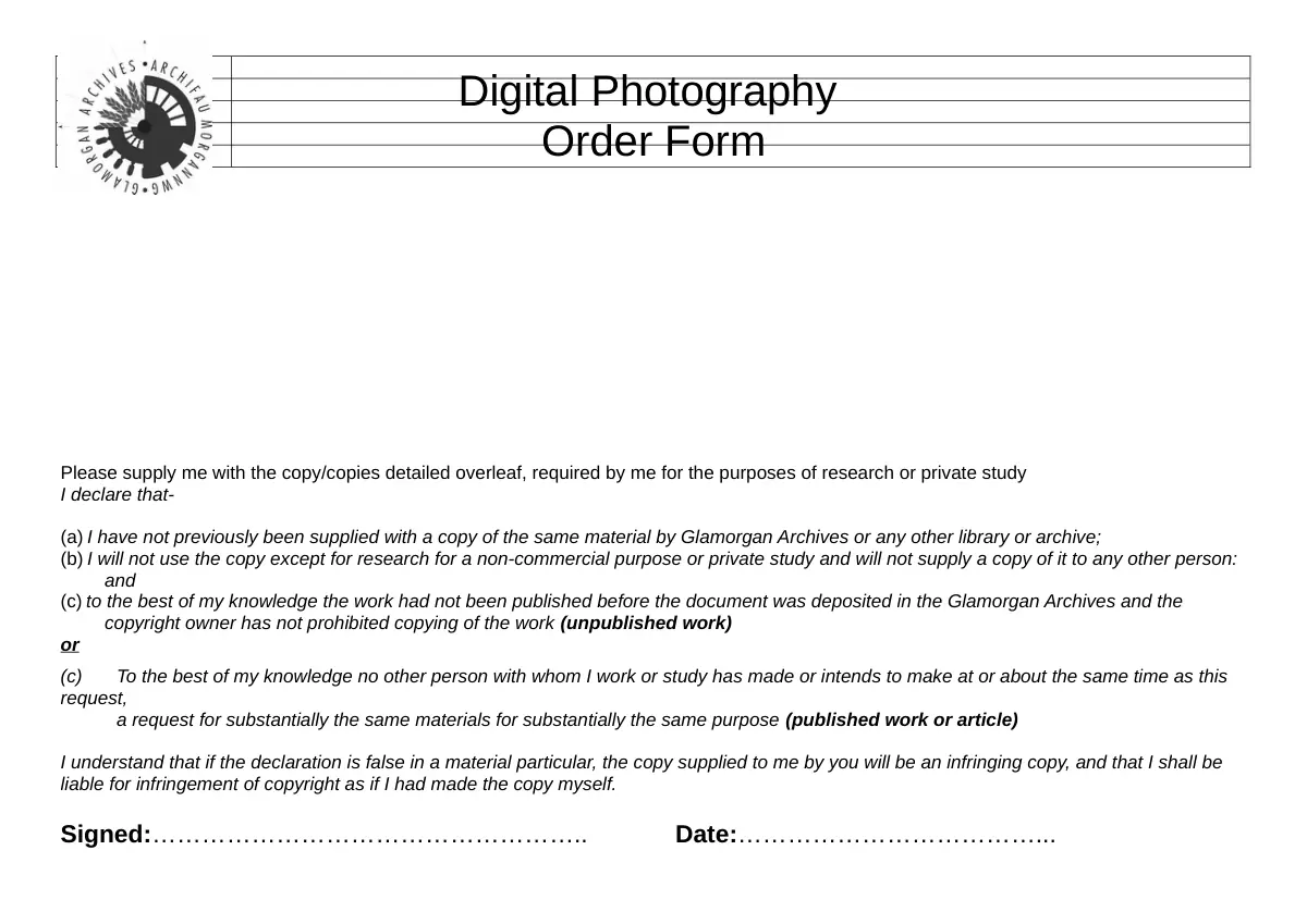 GHF-E106-R24-A1: first page of Digital photography order form, personal details blacked out