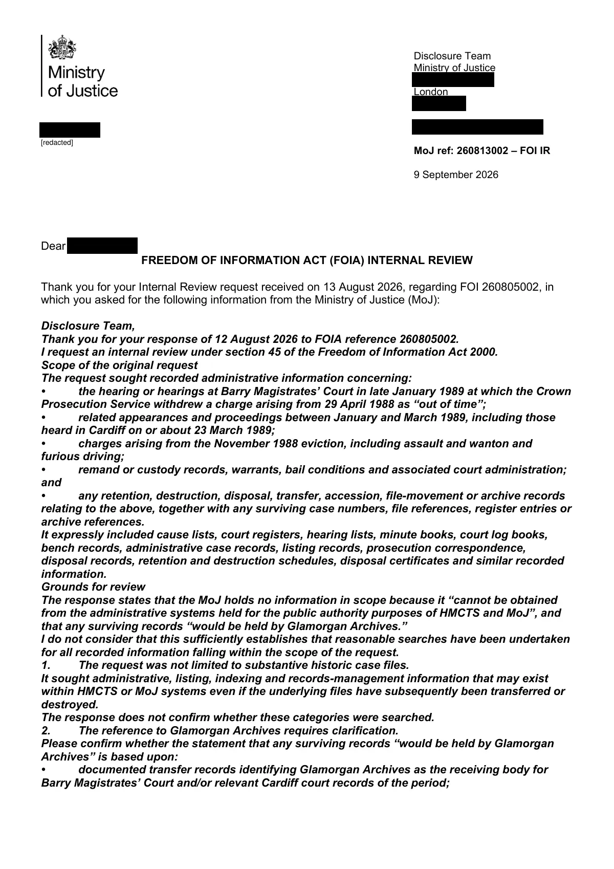 GHF-E106-R26-A2: first page of FOI internal review 260813002 extension letter, personal details blacked out