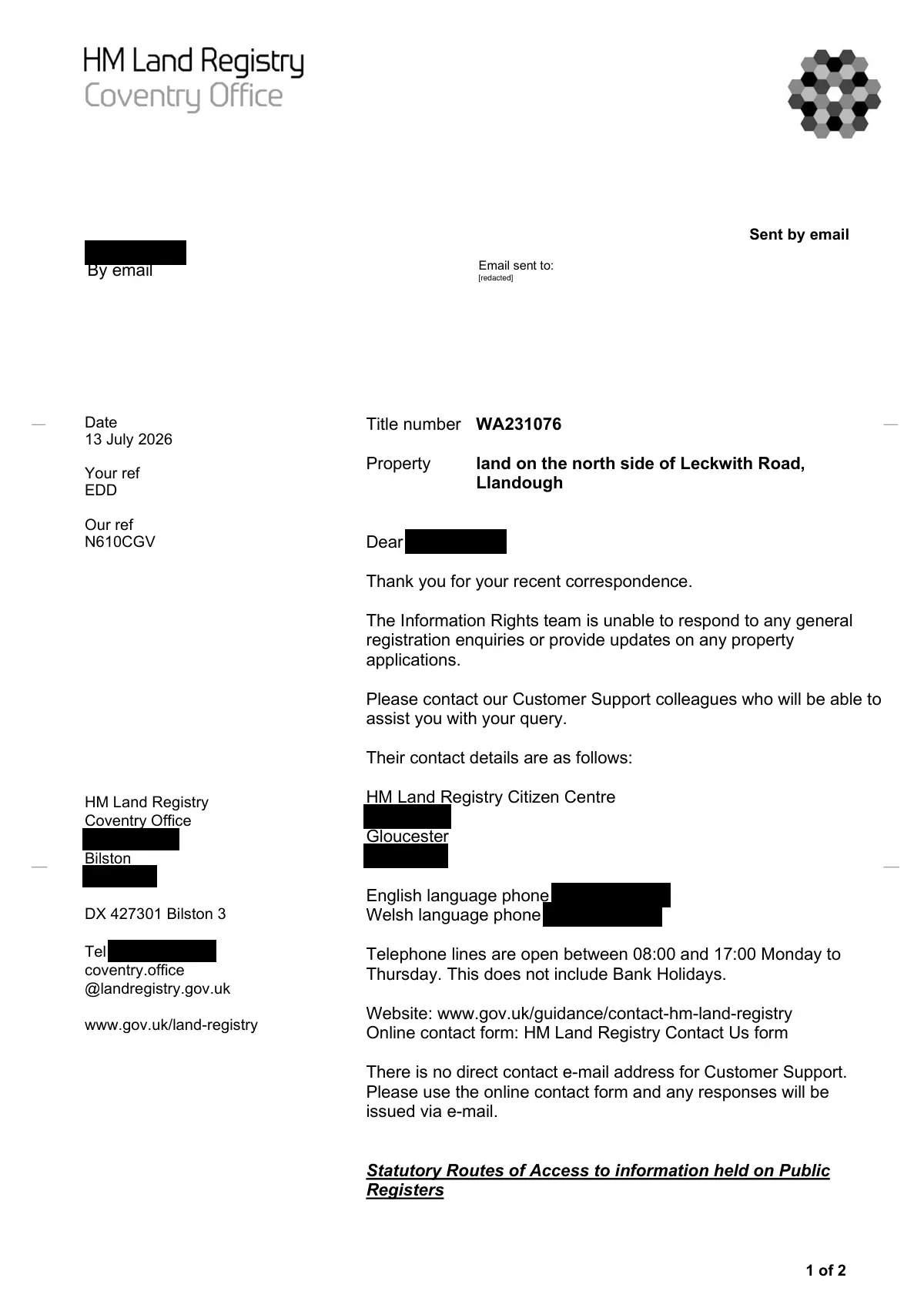 GHF-E106-R27-A1: first page of N610CGV letter (WA231076), personal details blacked out