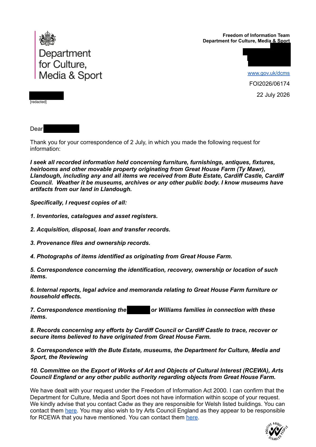 GHF-E106-R29-A1: first page of FOI2026/06174 response, personal details blacked out