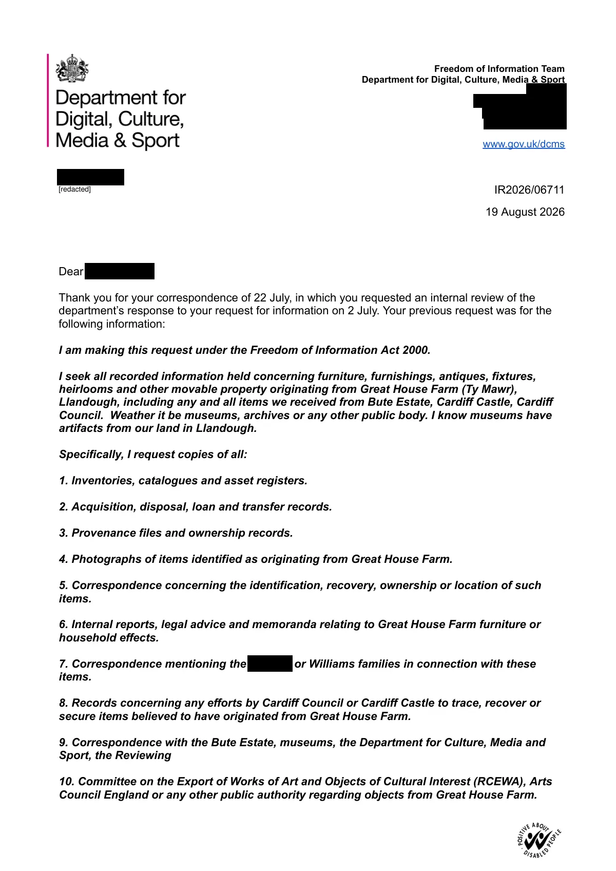 GHF-E106-R29-A2: first page of DCMS internal review IR2026/06711: nil return upheld, personal details blacked out