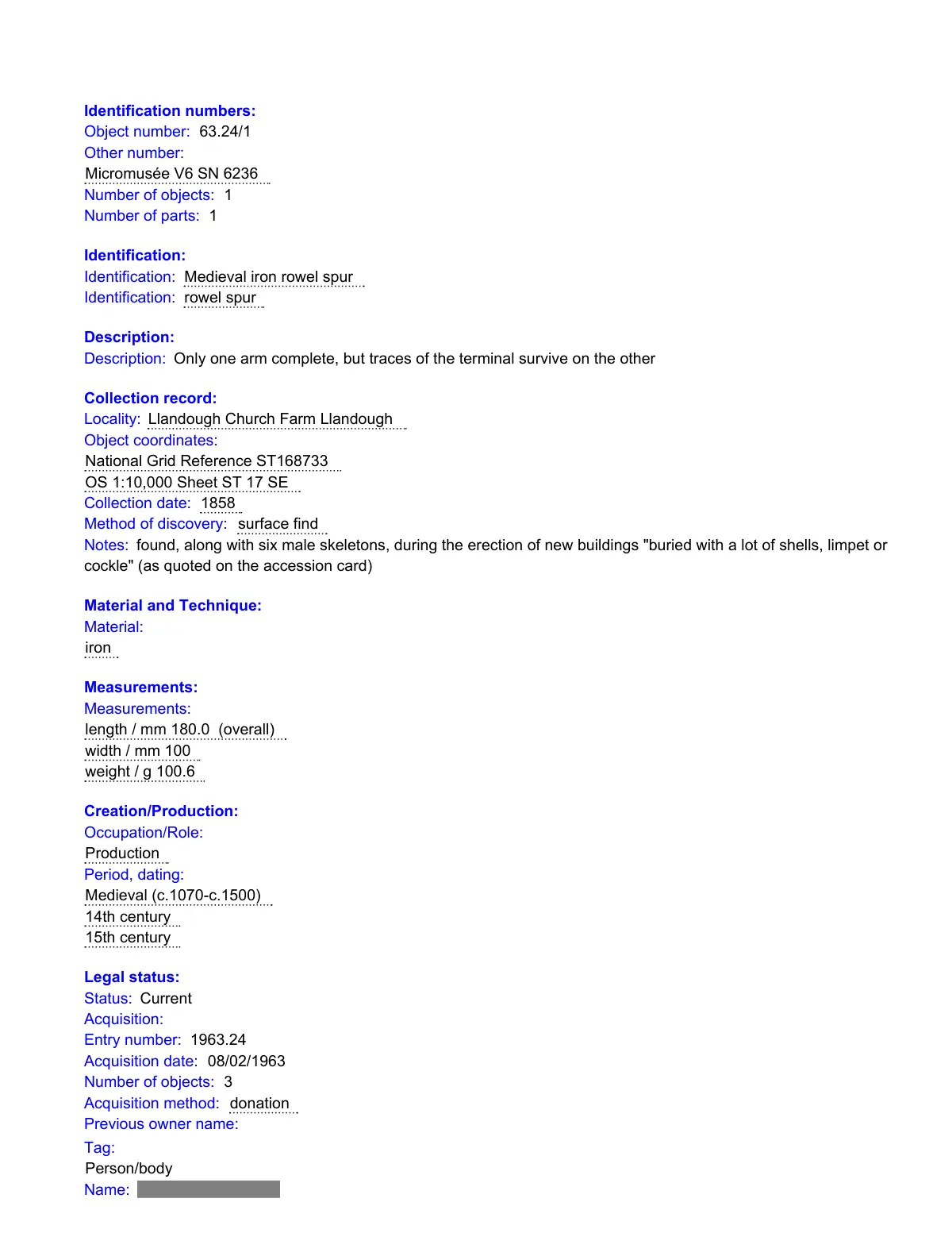 GHF-E106-R33-A2: first page of FOI 2026-036: record 63.24/1 rowel spur, personal details blacked out