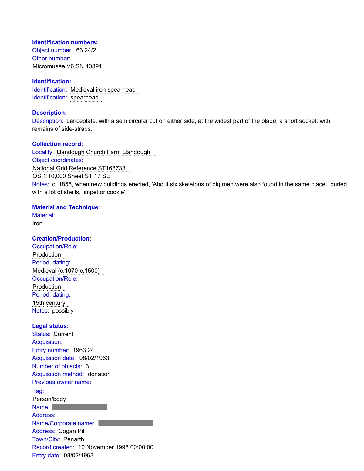 GHF-E106-R33-A3: first page of FOI 2026-036: record 63.24/2 spearhead, personal details blacked out
