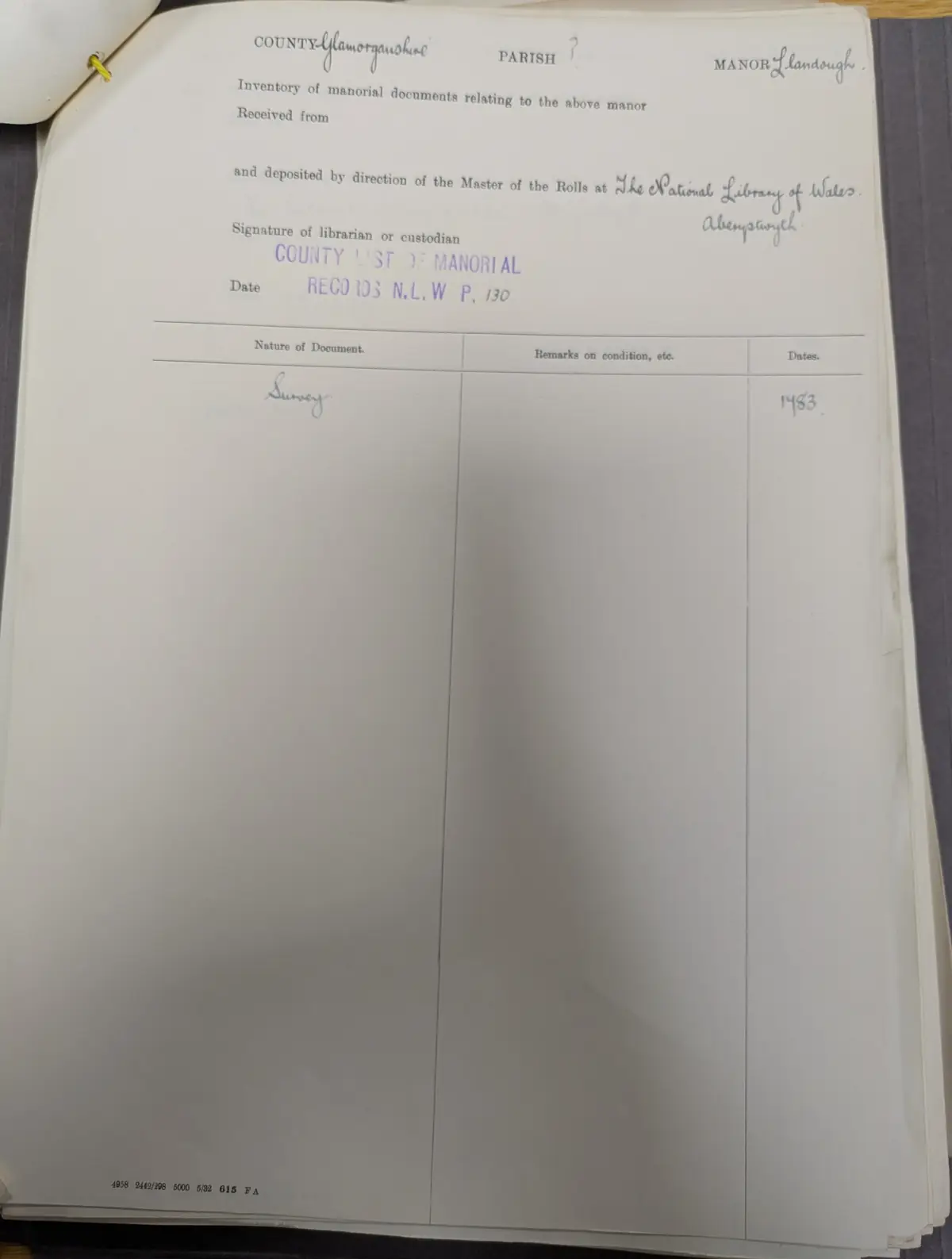 GHF-E106-R34-A1: first page of Manorial Documents Register: HMC 9.311 Llandough manor return, personal details blacked out