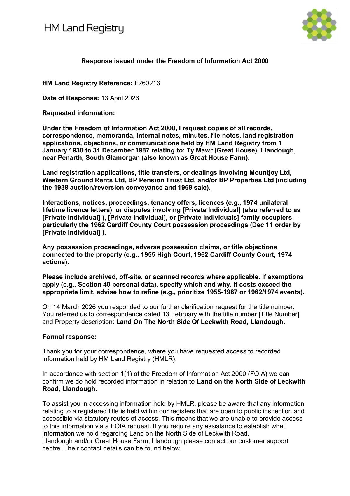 GHF-E106-R35-A1: first page of FOI F260213 response, personal details blacked out