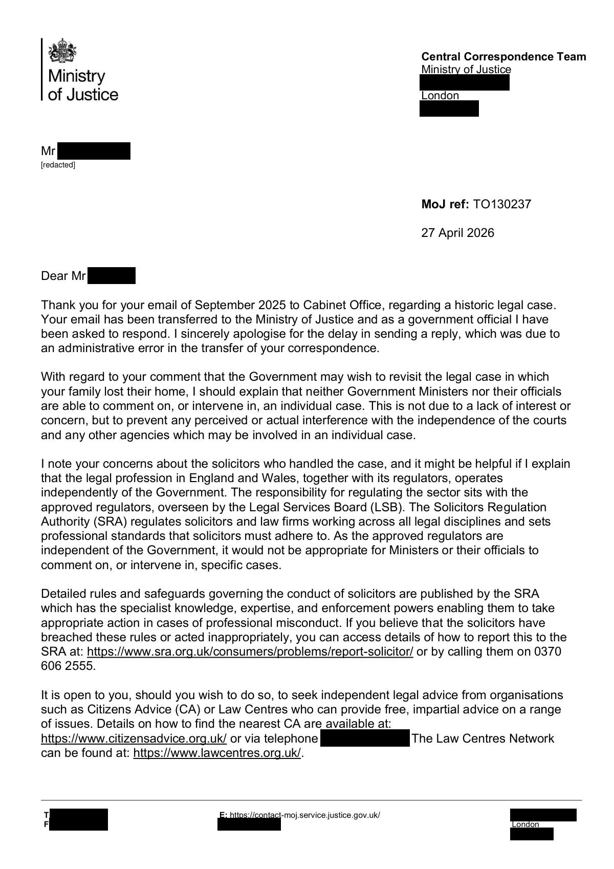 GHF-E106-R36-A1: first page of Ministry of Justice TO130237: no ministerial intervention, personal details blacked out