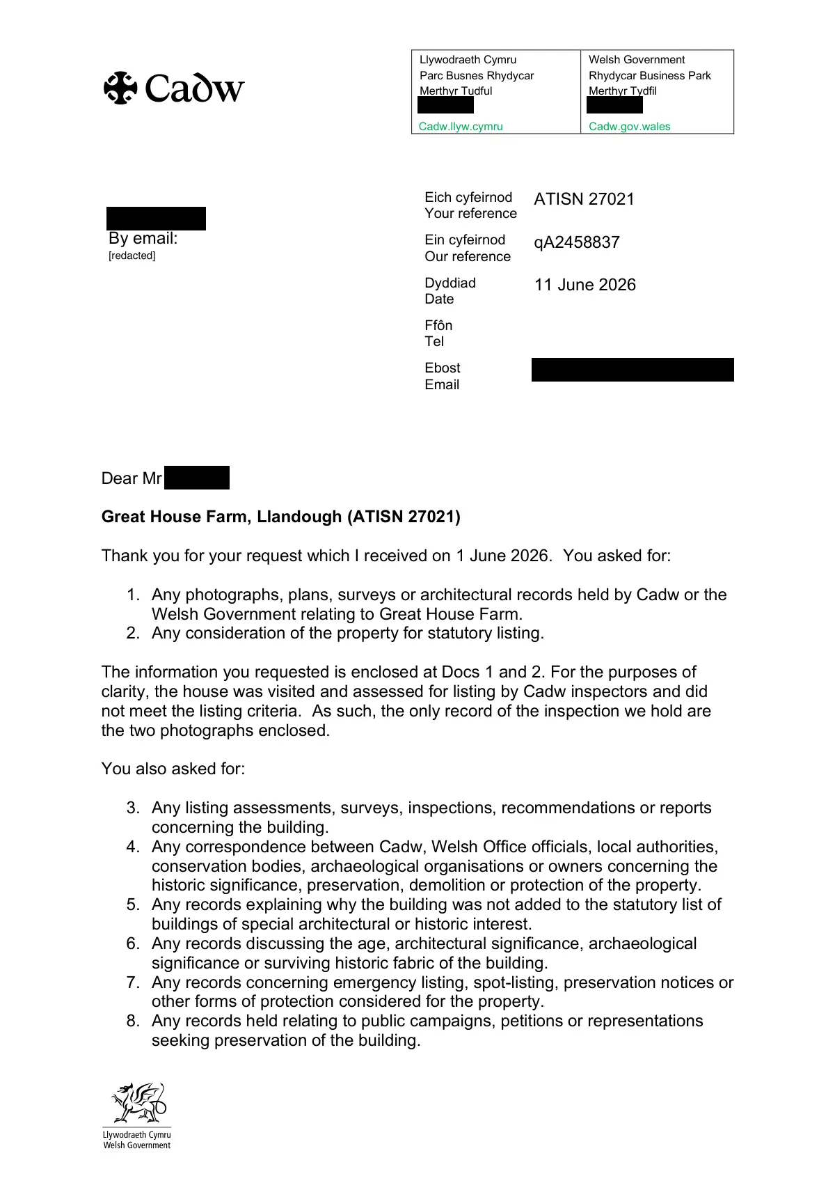 GHF-E106-R37-A1: first page of ATISN 27021 response letter, personal details blacked out