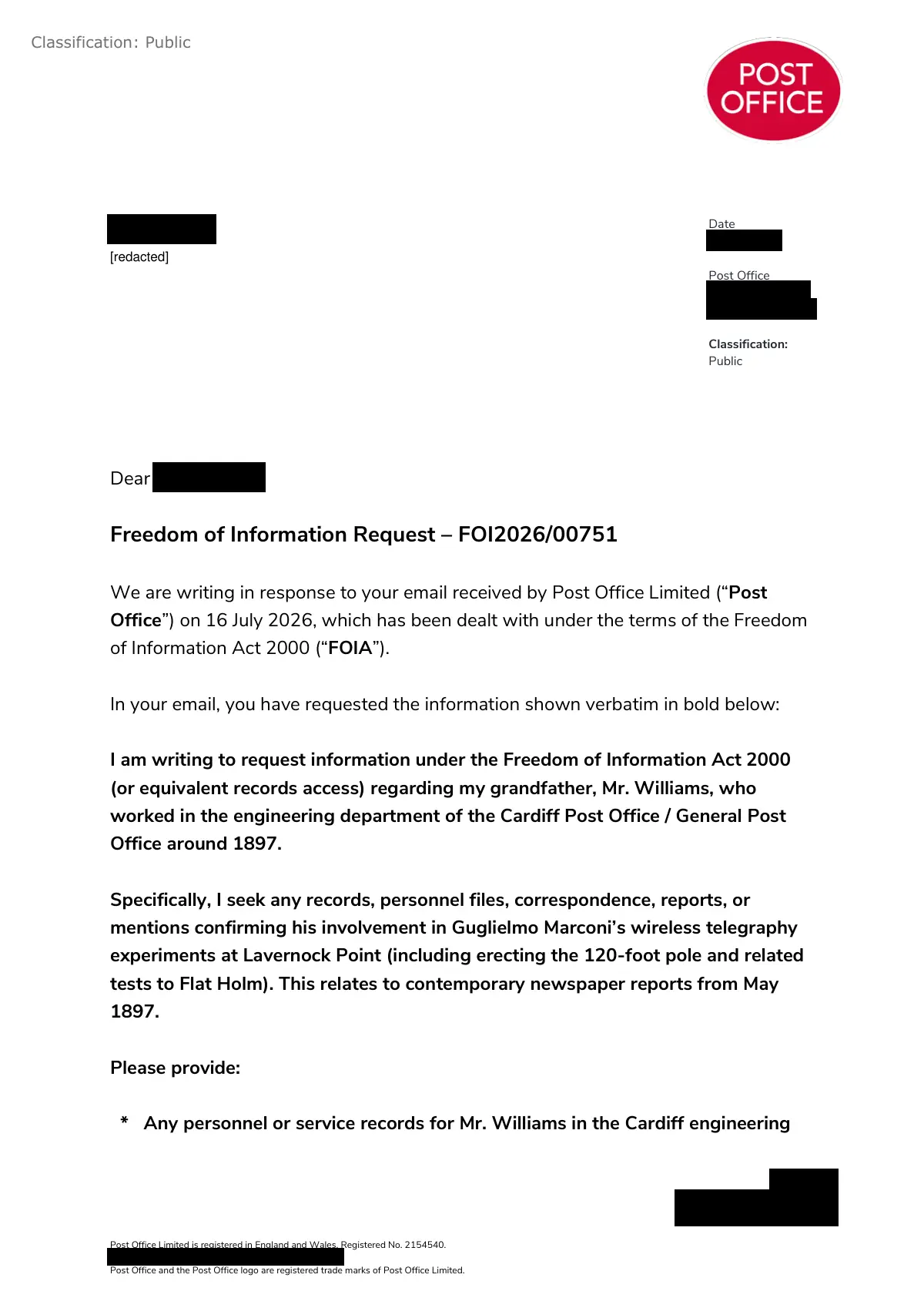 GHF-E106-R41-A1: first page of FOI2026/00751 response, personal details blacked out