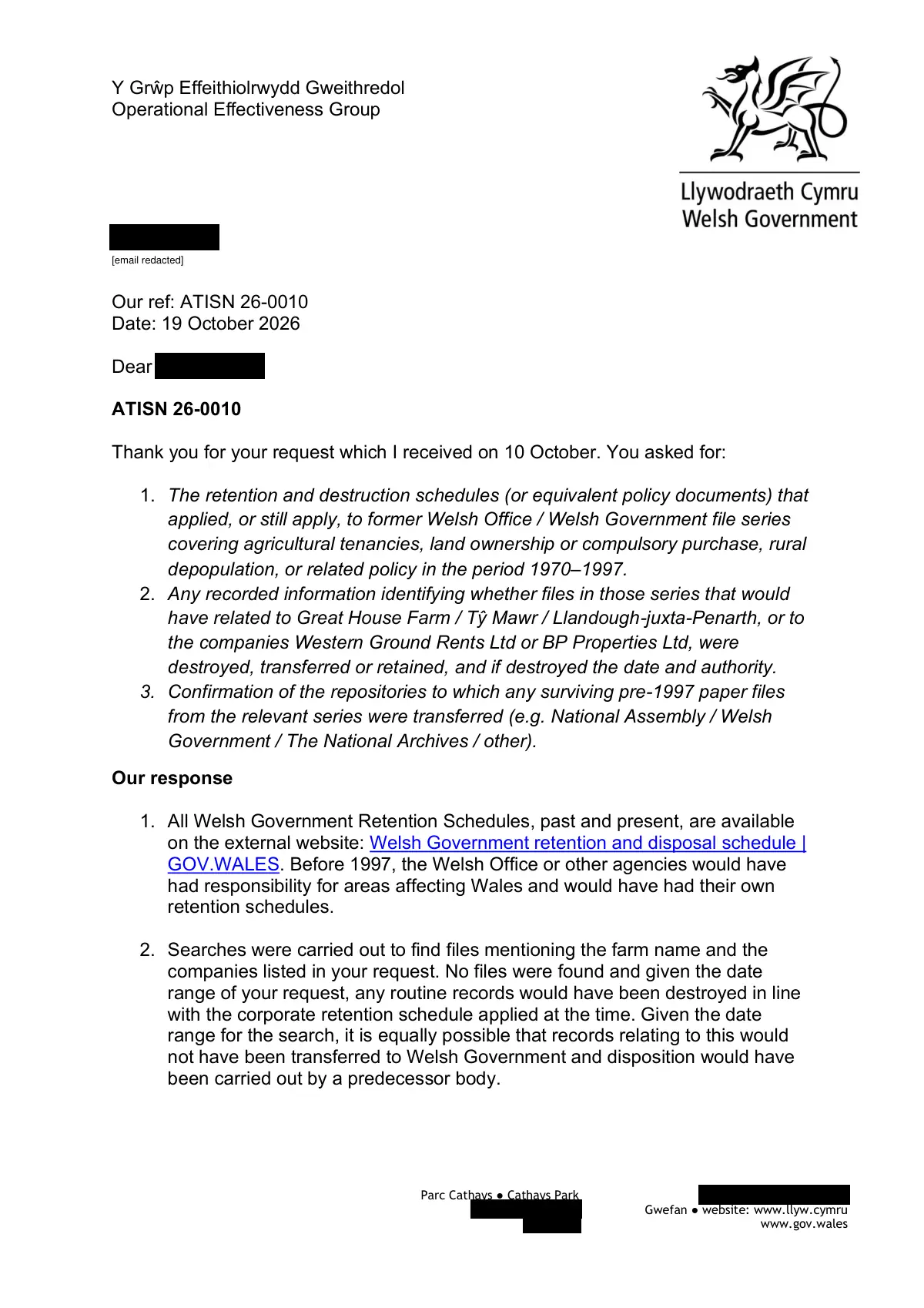 GHF-E106-R56-A1: first page of ATISN 26-0010 disclosure response: retention and destruction schedules; no files found under the farm name, Western Ground Rents Ltd or BP Properties Ltd, personal details blacked out