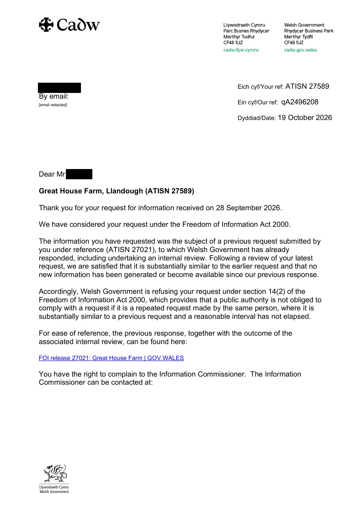 GHF-E106-R57-A1: first page of ATISN 27589 response (ref qA2496208): request refused under FOIA s.14(2) as a repeat of ATISN 27021, personal details blacked out