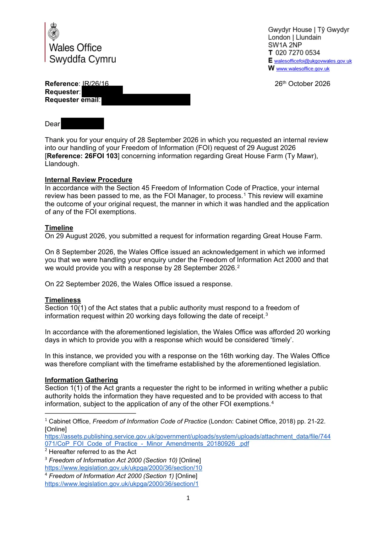 GHF-E106-R58-A1: first page of Wales Office internal review IR/26/16: "not held" upheld, personal details blacked out