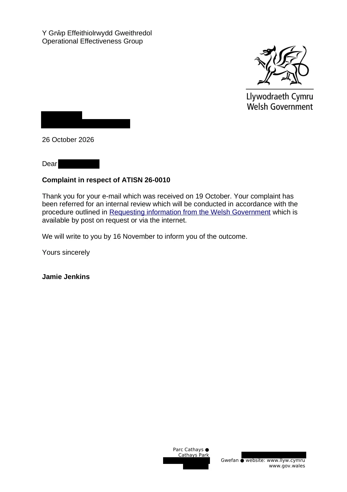 GHF-E106-R59-A1: first page of Welsh Government: ATISN 26-0010 internal review acknowledged, personal details blacked out