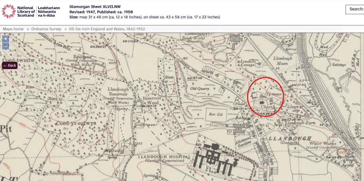 GHF-E106-R61-A1: first page of Ordnance Survey six-inch map, Glamorgan XLVII.NW (rev. 1947), personal details blacked out