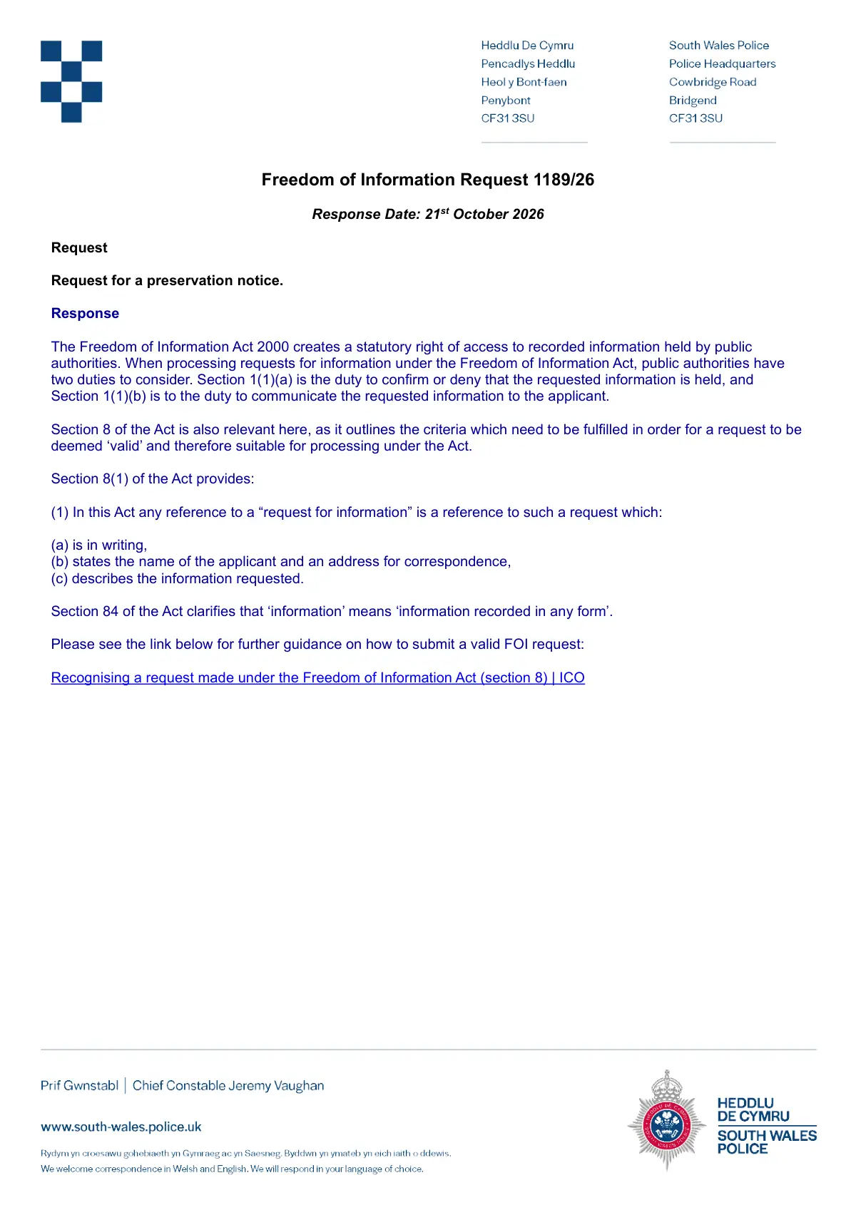GHF-E106-R62-A1: first page of South Wales Police 1189/26: preservation notice treated as FOI, personal details blacked out
