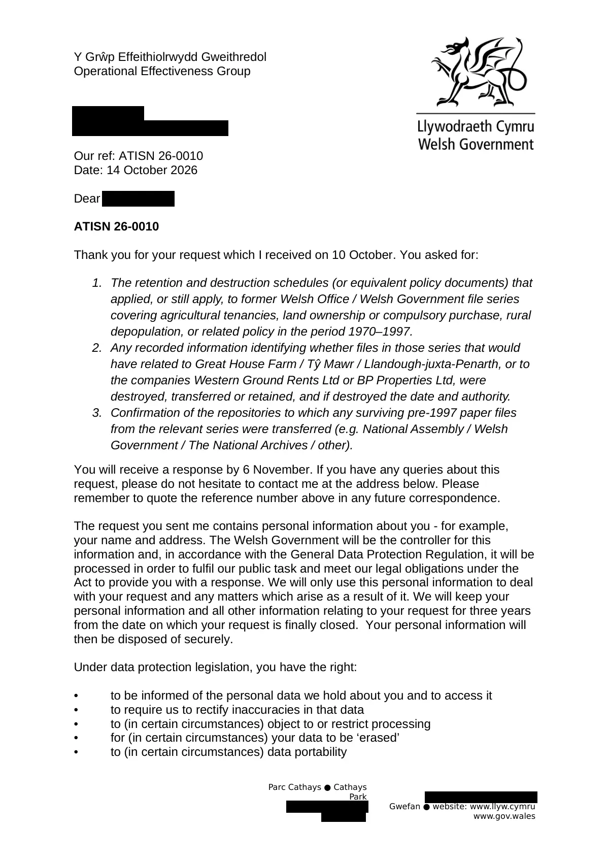 GHF-E106-R63-A1: first page of Welsh Government: ATISN 26-0010 acknowledgement, personal details blacked out