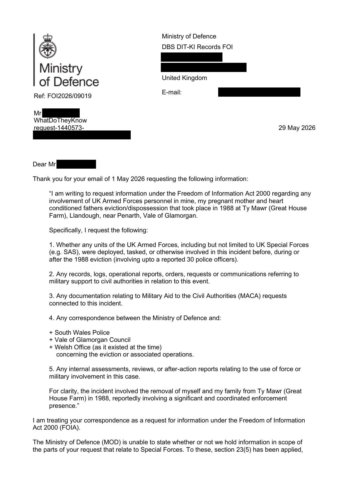 GHF-E106-R67-A1: first page of Ministry of Defence FOI2026/09019: neither confirm nor deny, personal details blacked out