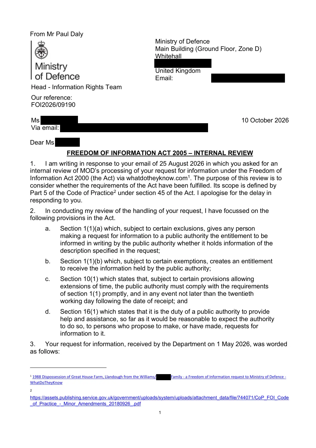 GHF-E106-R68-A1: first page of Ministry of Defence internal review FOI2026/09190, personal details blacked out