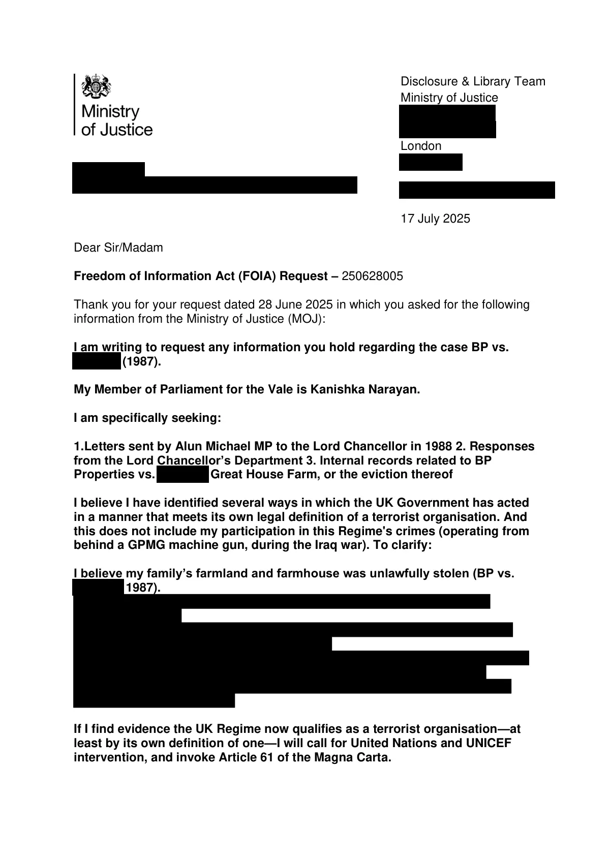 GHF-E106-R69-A1: first page of Ministry of Justice FOI 250628005: no information held, personal details blacked out