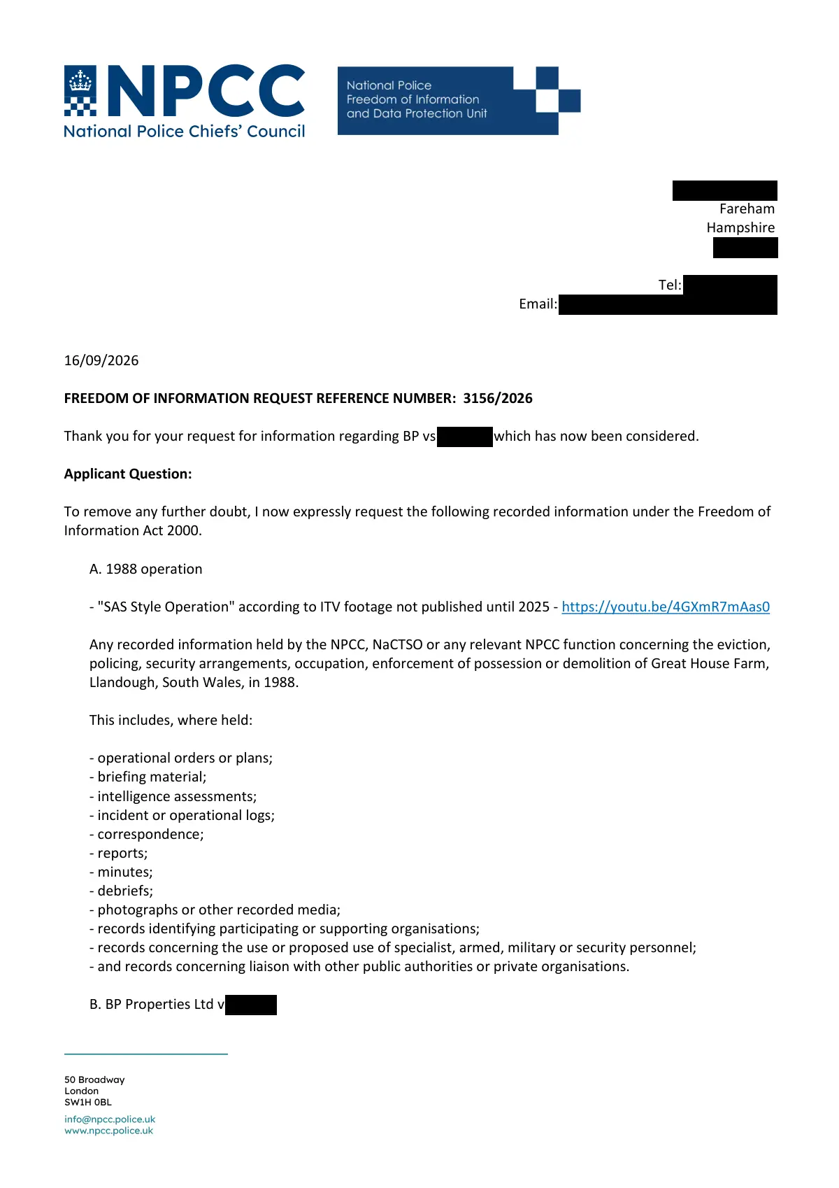 GHF-E106-R70-A1: first page of NPCC FOI 3156/2026: no information held, personal details blacked out