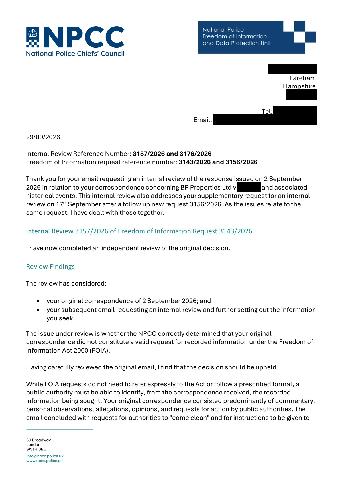 GHF-E106-R71-A1: first page of NPCC internal reviews 3157/2026 and 3176/2026, personal details blacked out