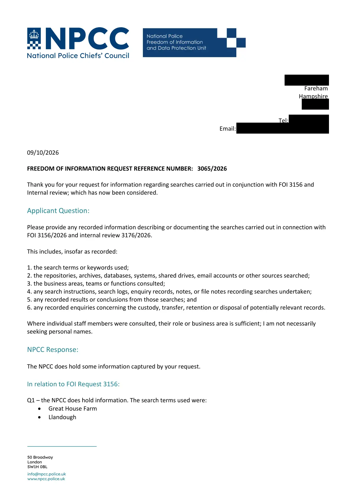 GHF-E106-R72-A1: first page of NPCC FOI 3204/2026: searches described, personal details blacked out