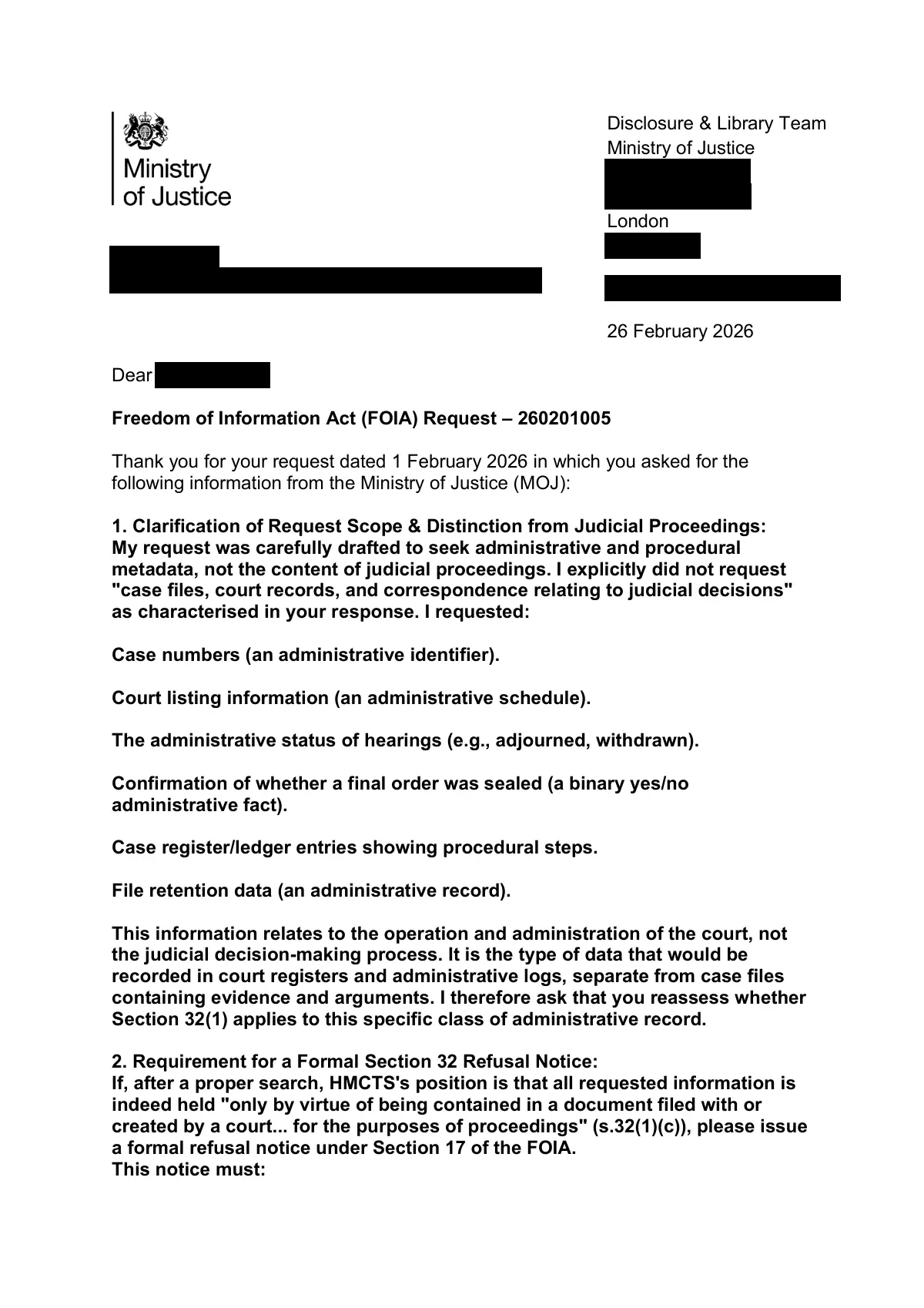 GHF-E106-R73-A1: first page of HMCTS FOI 260201005 response, personal details blacked out