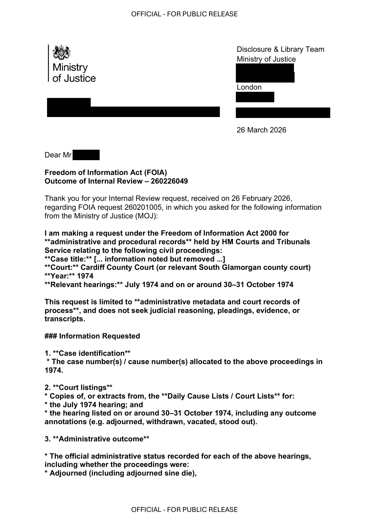 GHF-E106-R74-A1: first page of HMCTS internal review 260226049, personal details blacked out