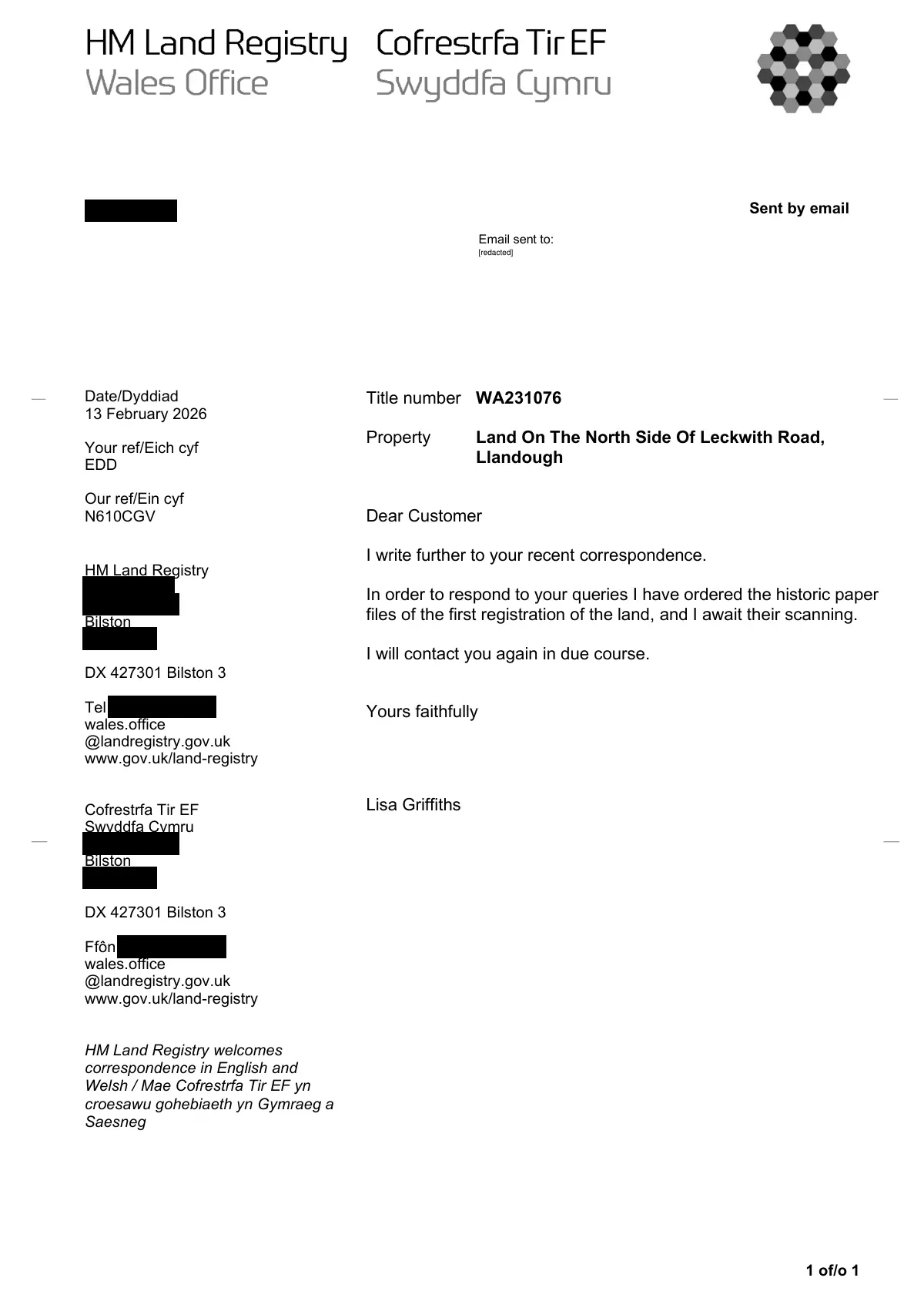 GHF-E106-R91-A1: first page of Holding letter: paper files being retrieved, personal details blacked out