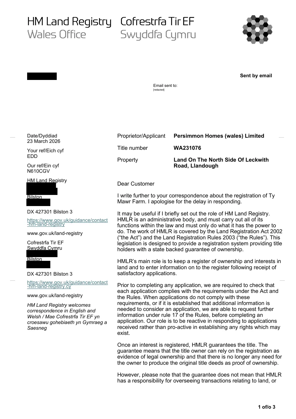 GHF-E106-R92-A1: first page of Letter: registration history of Ty Mawr Farm, personal details blacked out