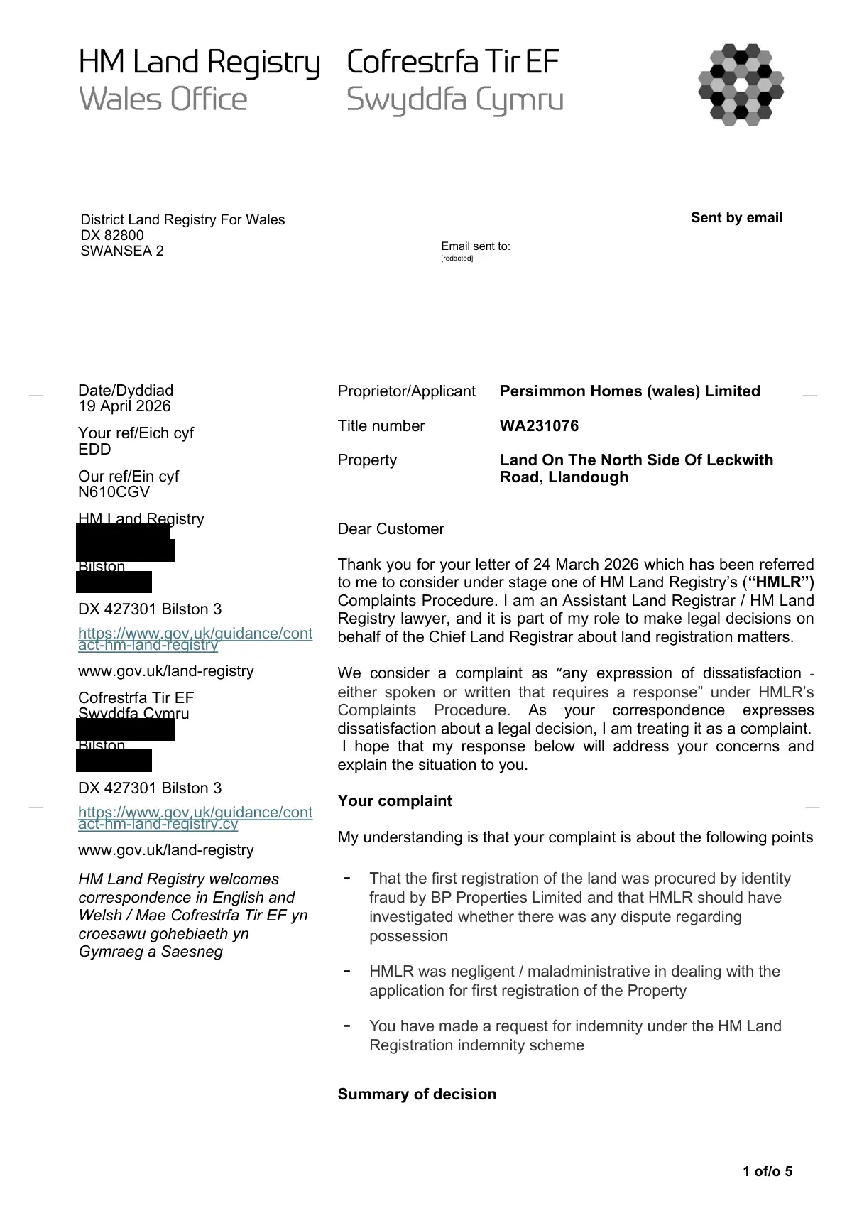 GHF-E106-R93-A1: first page of Stage one complaint decision, personal details blacked out