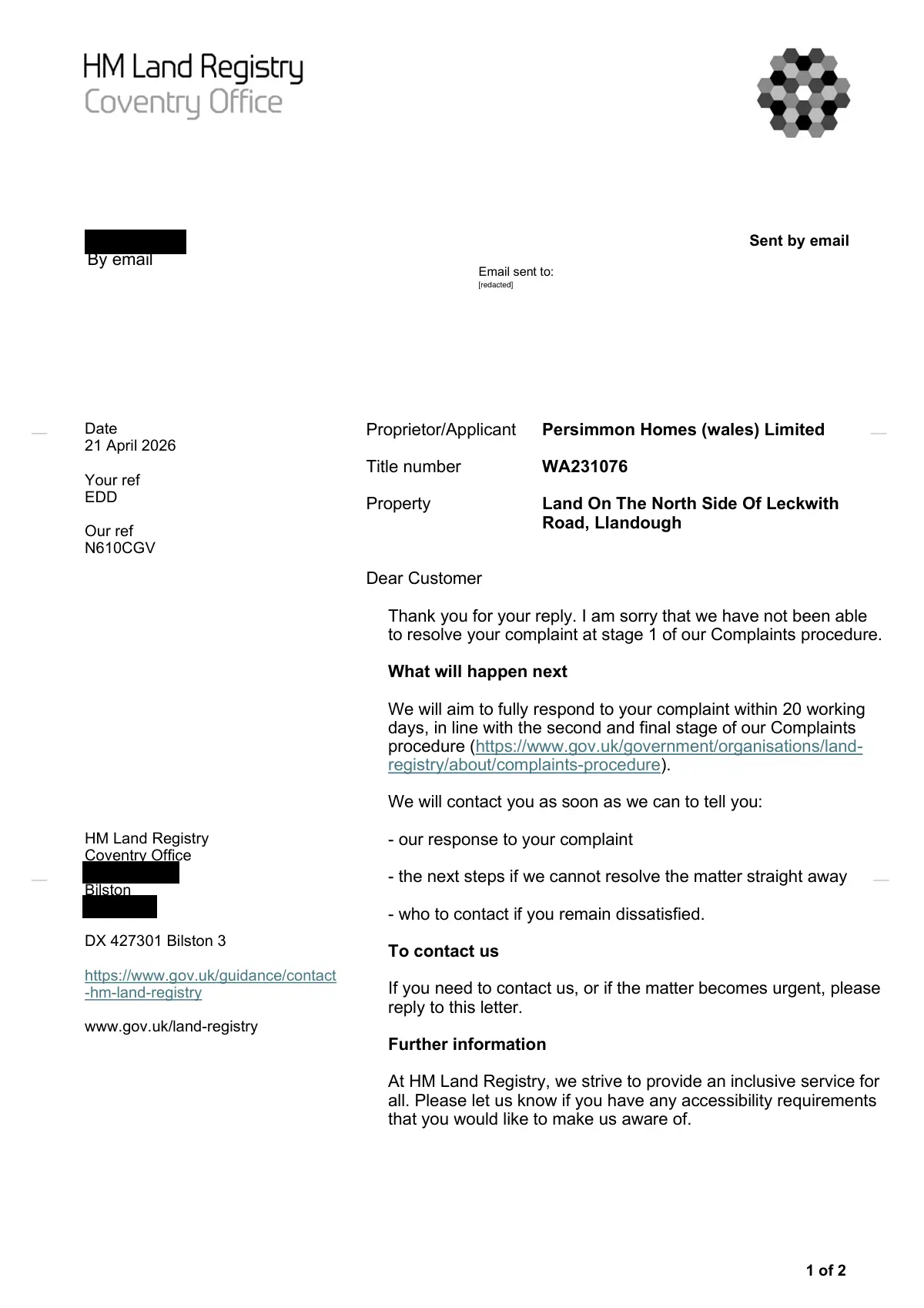 GHF-E106-R94-A1: first page of Stage two acknowledgement, personal details blacked out