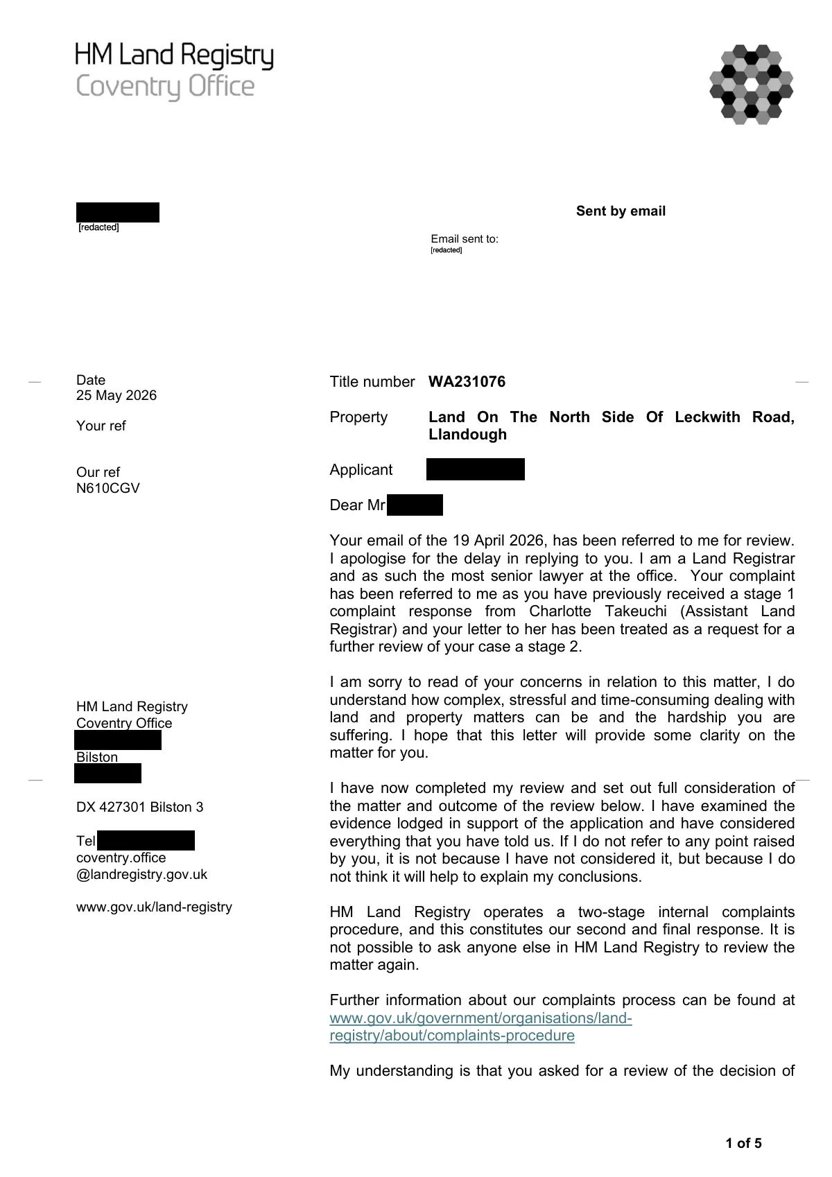 GHF-E106-R96-A1: first page of Stage two complaint decision, personal details blacked out